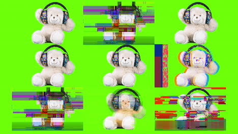 osos de peluche con auriculares en un fondo colorido con ruido