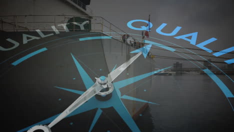 compass pointing to quality animation over ship docked at harbor