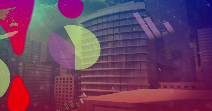 Animação de Processamento de Dados Estatísticos Sobre Formas Abstratas Líquidas Contra Edifícios Altos