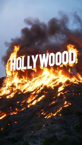 the hollywood sign is on fire symbolizing destruction and chaos in a dramatic way