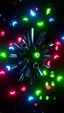 multicolored neon spheres jump out of metal tubes. vertical looped animation