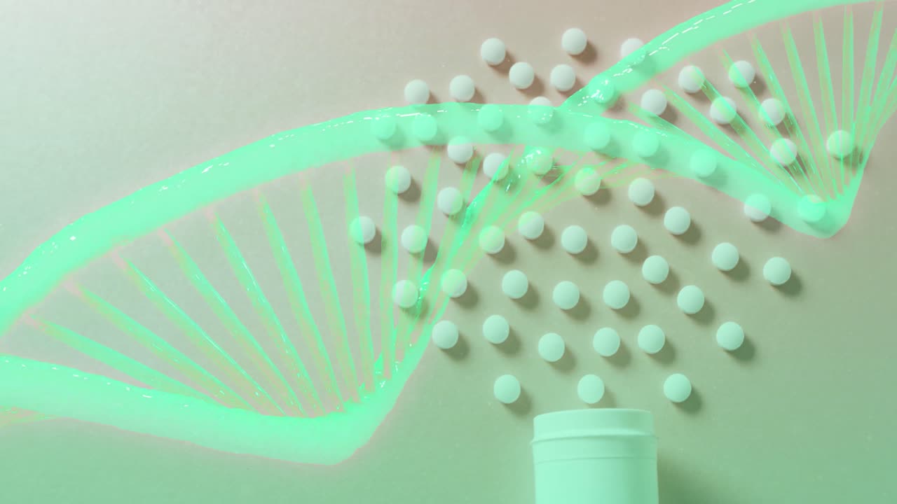알약 위에 있는 dna 가닥의 애니메이션