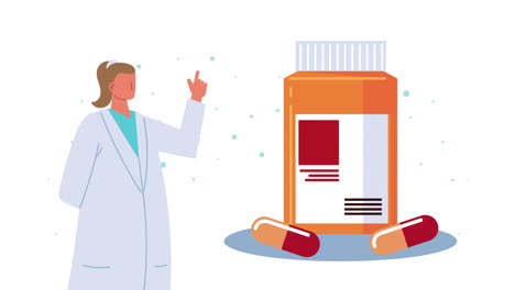 female doctor with pharmacy drugs bottle animation