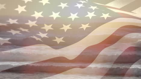 Digital-composition-of-waving-us-flag-against-view-of-the-beach-and-sea-waves