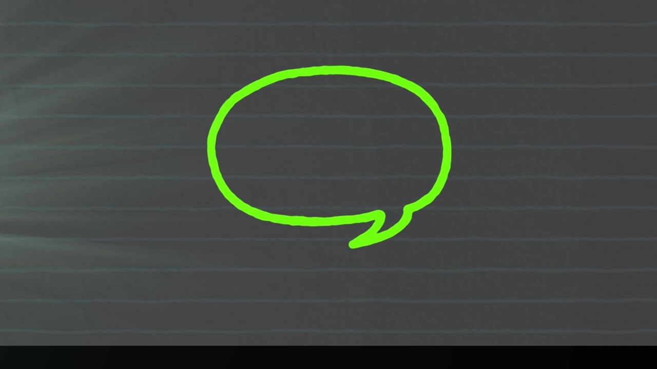 Animazione di una mano che disegna un fumetto di dialogo su scie luminose su sfondo nero.