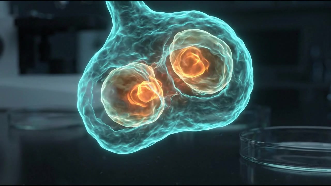 Animação 3D da divisão celular biológica em ambiente laboratorial