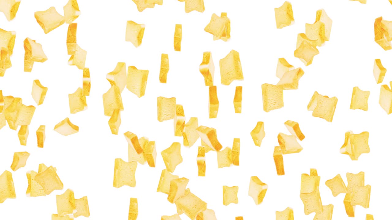 색 배경에 많은 평평한  조각을 날아. 식품, 음식 및 먹는 개념. 밀  조편의 3d 애니메이션 회전. 루프 애니메이션.