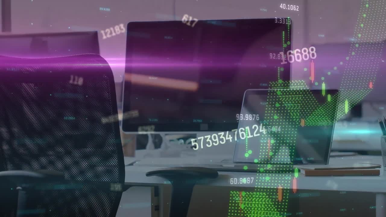 animación del procesamiento de datos en una oficina vacía