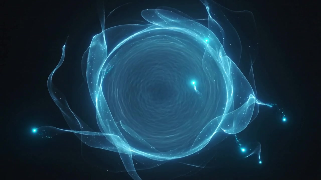 Starting loose ribbons, evolving cyan-blue ring forming vortex and sparks in void, implying portal
