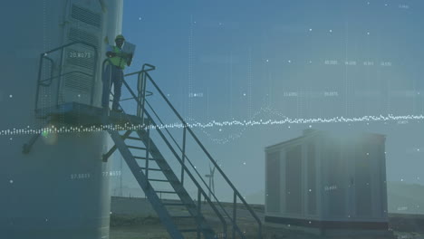 animation of graph and data processing over male worker standing on stairs at power plant