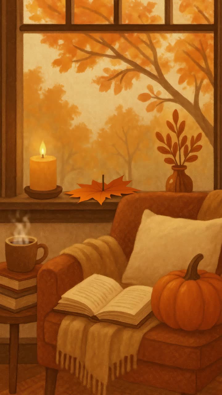 Cozy autumn scene with a warm chair, open book, and pumpkin. Candlelit ...