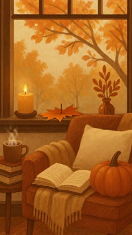 Cozy autumn scene with a warm chair, open book, and pumpkin. Candlelit ambiance from a low angle