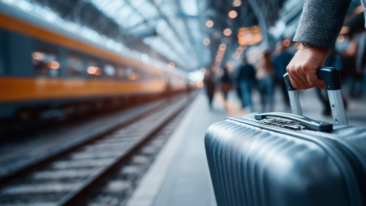 A Traveler's Journey: Hauling Luggage at a Vibrant Train Station, Capturing the Essence of Movement and Excitement in Modern Transportation Environments