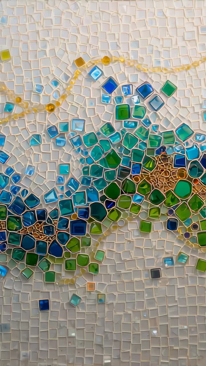 Vertical video: Camera starting slow scan across mosaic panel on wall in corridor to show gold line