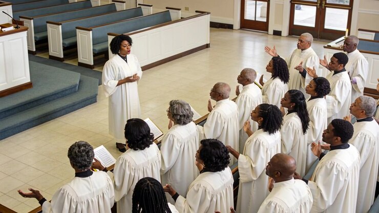 Raising arms, choir director in white robe leading choir from balcony at church, cueing singing