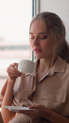 young pensive woman in fashion beige clothes sits on windowsill having cup of hot drink in comfortable contemporary room at home slow motion