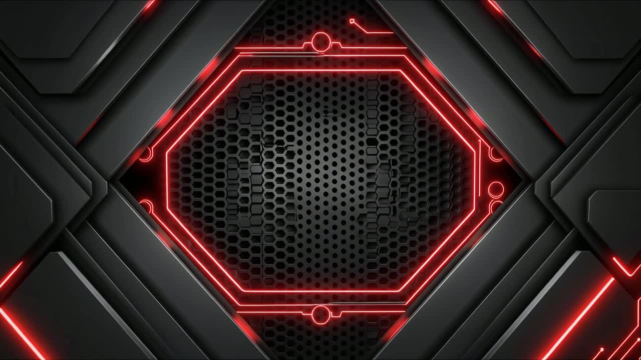 Esagono animato al neon rosso che si forma su uno sfondo tecnologico scuro.