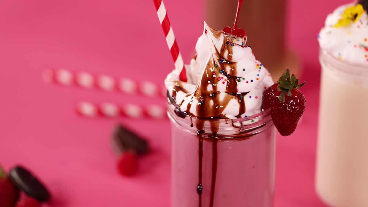 Hand scoops whipped cream from pink strawberry milkshake topped with chocolate syrup, sprinkles, strawberry