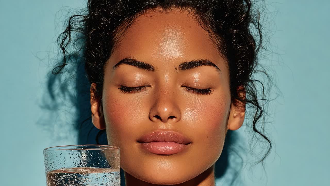 Catturare l'essenza dell'idratazione: un sereno ritratto che ritrae una donna dalla pelle luminosa che si gusta un rinfrescante bicchiere d'acqua su uno sfondo blu brillante