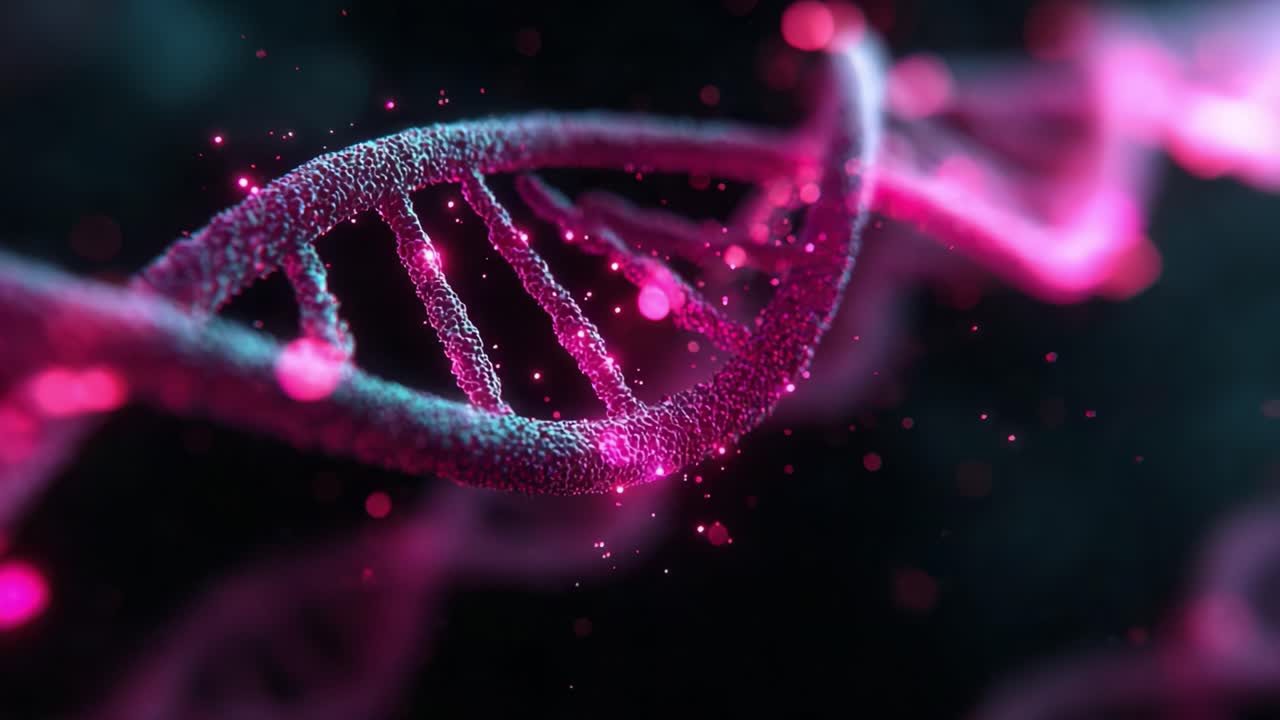 Immagine ravvicinata di grande impatto visivo della struttura a elica del DNA con colori vivaci, che mostra i dettagli complessi del materiale genetico in una visualizzazione scientifica surreale