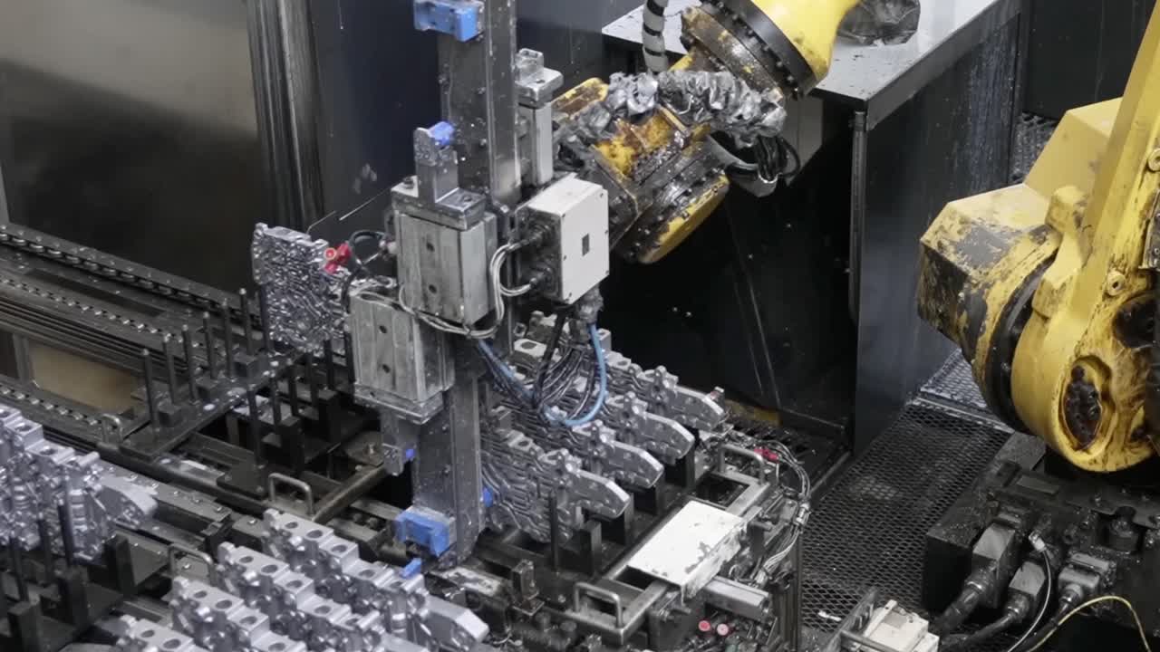 High-angle shot of a multi-axis robotic arm precision-sorting and placing aluminum valve bodies onto an automated assembly grid