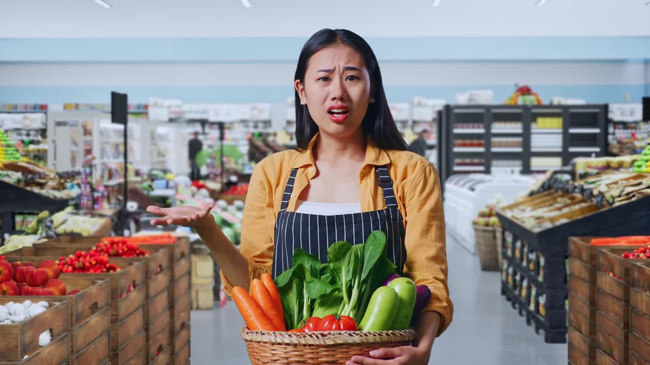Agricultora asiática con una cesta de verduras mostrando un gesto de desconcierto y diciendo «¿Qué?» en un supermercado