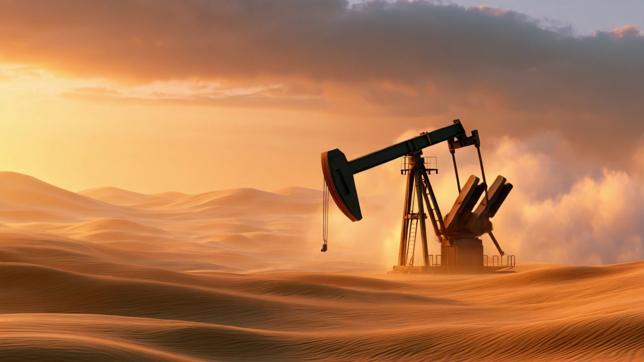 A Poignant Look at Oil Extraction in a Serene Desert Landscape, Showcasing the Pumpjack Amidst Dunes and an Expansive Sky at Sunset