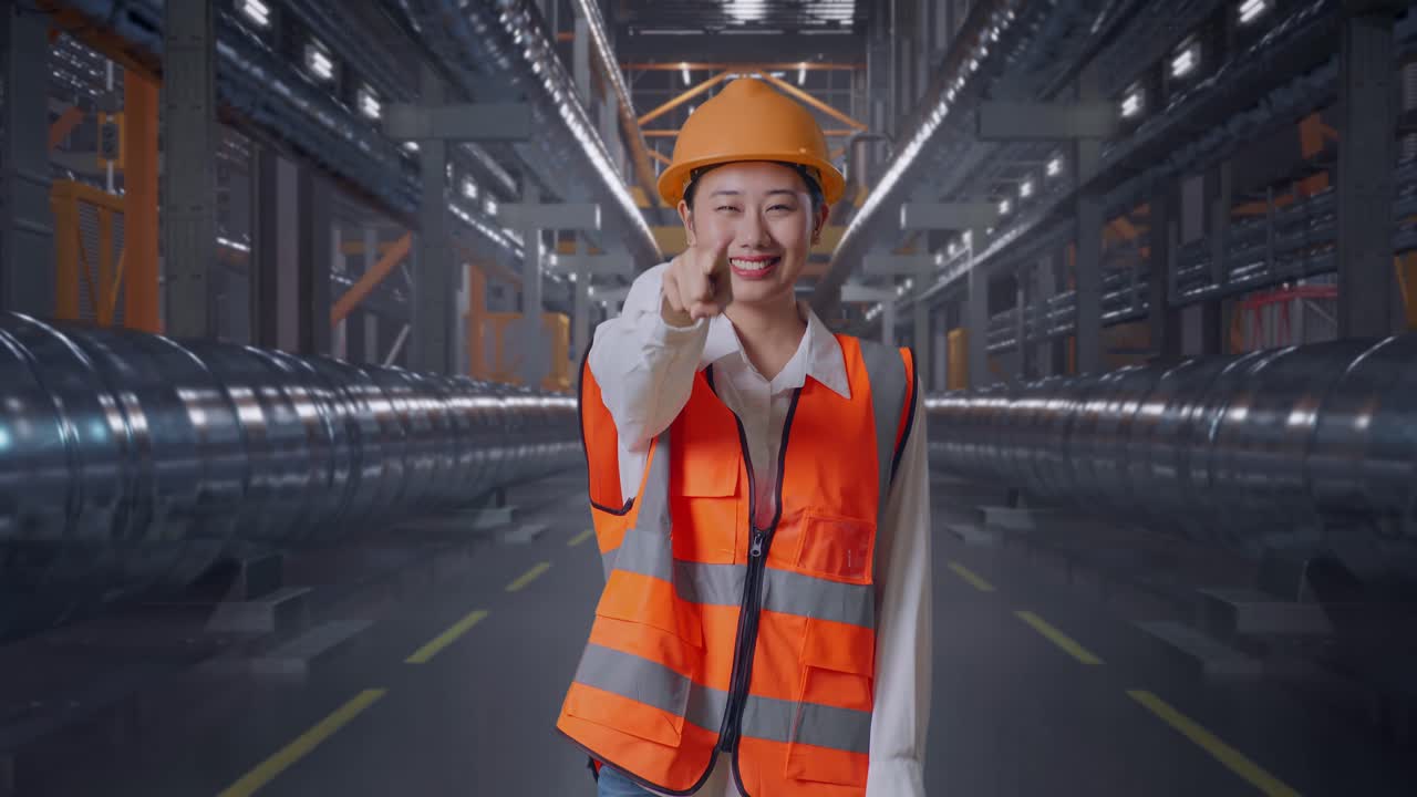 Asian Female Engineer With Safety Helmet Smiling And Touching Her Chest Then Pointing At You While Standing With Metal Pipes