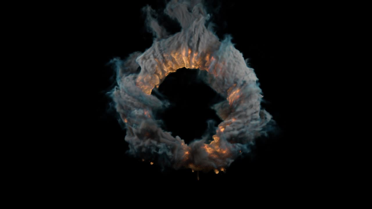 llama abstracta en el anillo. animación 3d hermoso efecto de explosión fuego y humo. portal de círculo de fuego en un fondo negro con canal alfa. arte contemporáneo cgi. flujo de vórtice quemar y humo