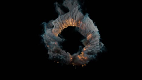 abstract flame in the ring. 3d animation beautiful effect of explosion fire and smoke. fiery circle portal on a black background with alpha channel. cgi contemporary art. flowing vortex burn and fume