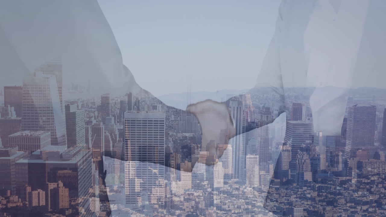 도시 풍경 위에서 사업가의 악수 애니메이션