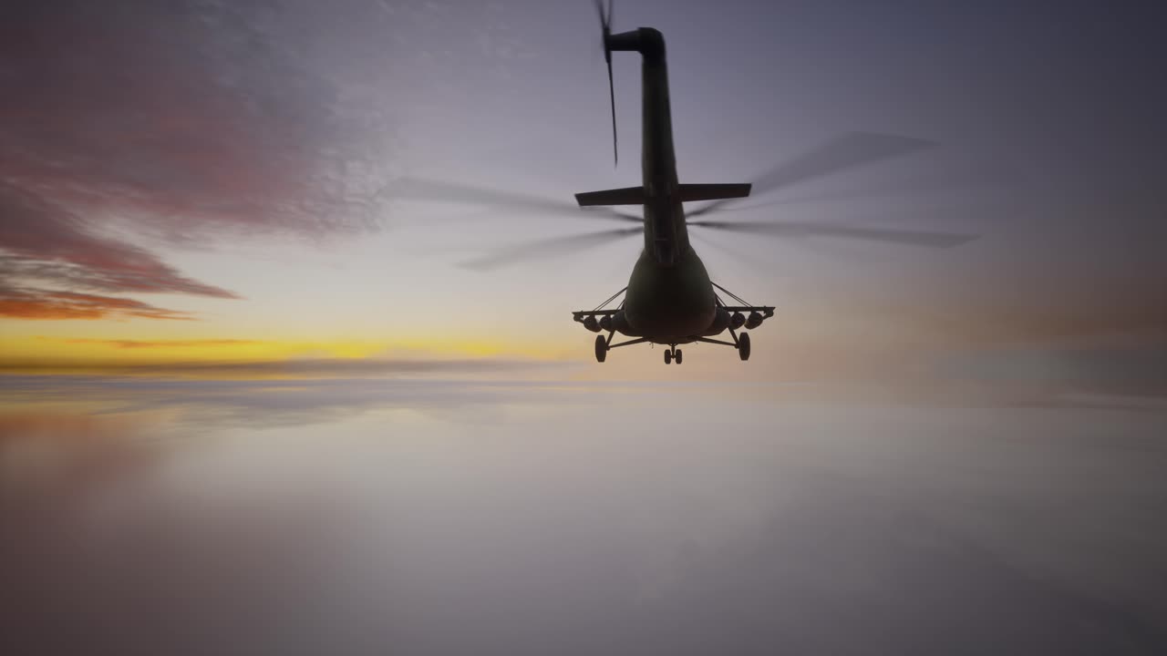 Elicottero da trasporto militare in volo radente sull'acqua al tramonto o all'alba
