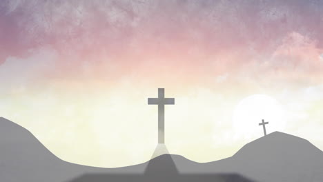 animation of christian crosses over landscape with clouds background