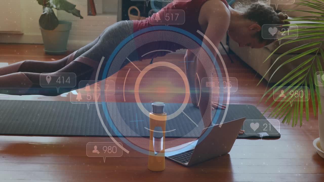 animación de escaneo de alcance e iconos de medios sobre mujer caucásica haciendo ejercicio