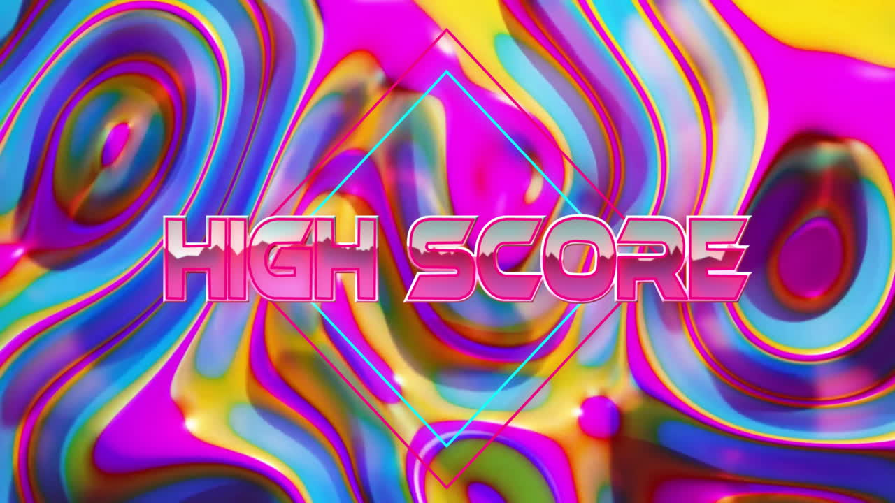 Stylized HIGH SCORE text spinning over neon gradient waves with cyan magenta diamonds in 3D render