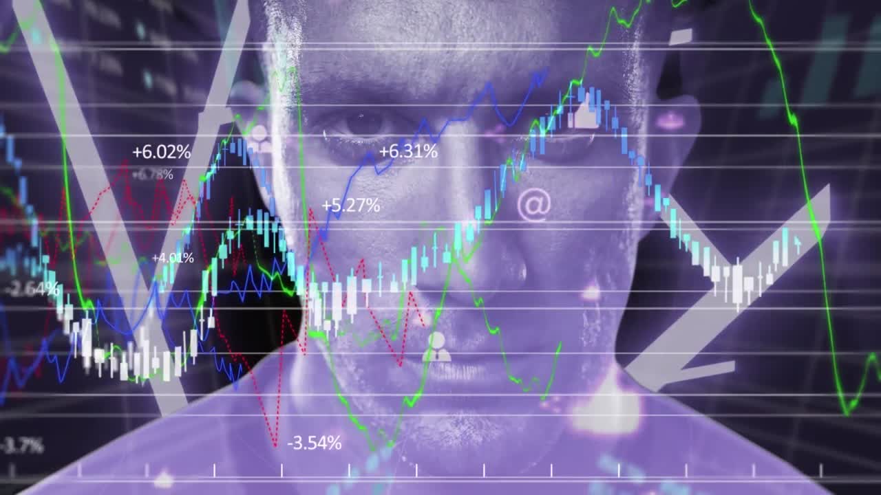 검은색 배경에 데이터 처리 및 백인 남자의 애니메이션