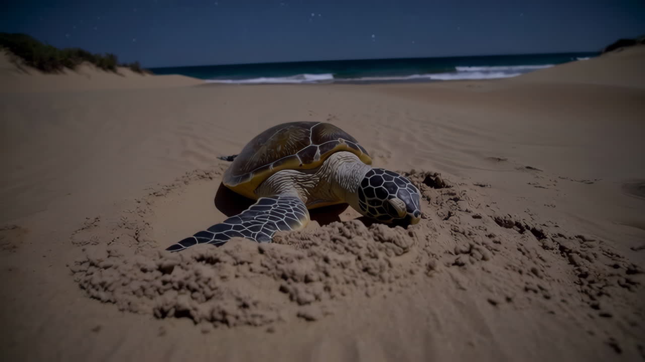 Sea Turtle Nesting at Night on a Starry Beach