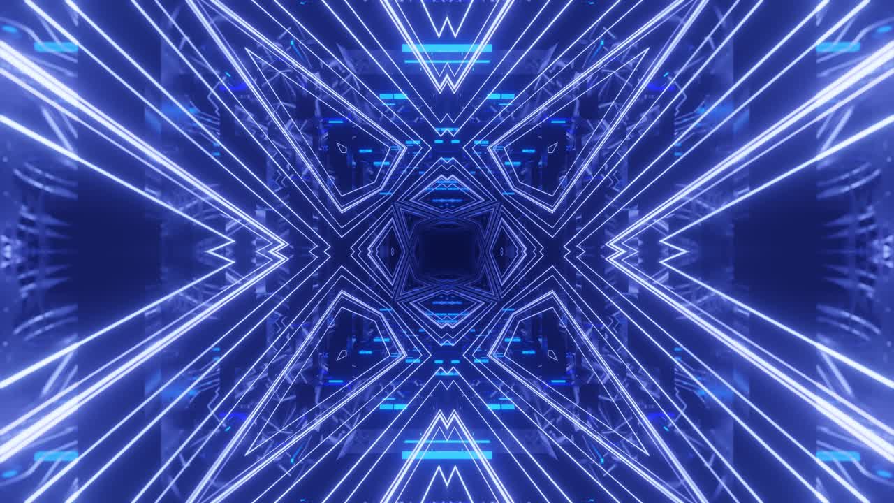 vuelo de ciencia ficción a través del ciberespacio con simetría juego de video o fondo de club nocturno vj con luz de neón