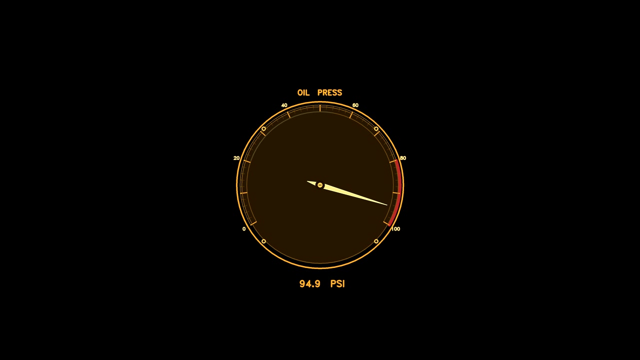 Элемент HUD (проекционного дисплея) — янтарный датчик давления масла с анимированной стрелкой и цифровым показателем PSI. Плавно зацикливается для композитинга в качестве наложения механического статуса.