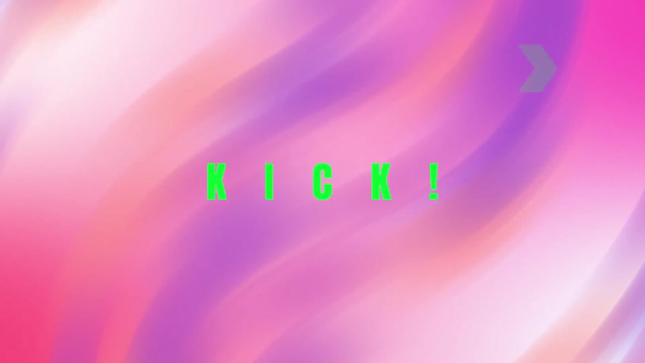 Animation of kick text over shapes on purple background