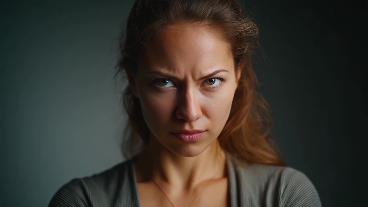 Emotional Expressiveness: A Young Woman's Journey from Intense Stare to Reflective Gaze Captured in Two Powerful Video Frames