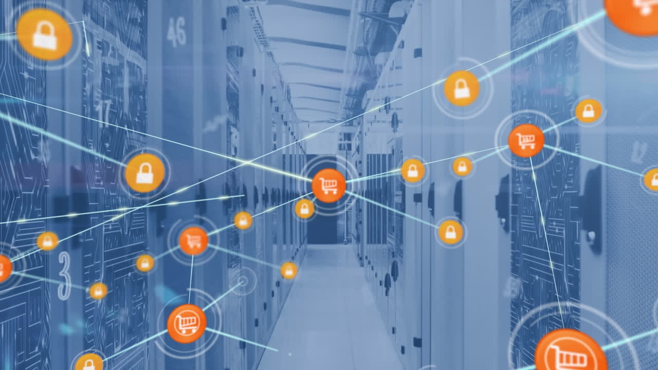 animación de la red de iconos digitales y números flotantes contra la sala de servidores de computadora
