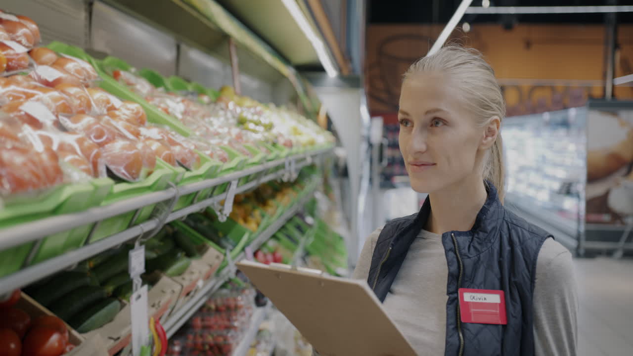 Woman Checking Produce Inventory in Grocery Store