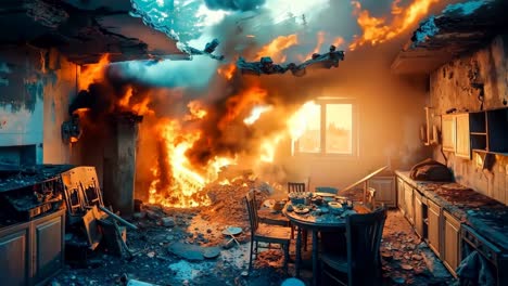 a kitchen with a table and chairs in front of a fire