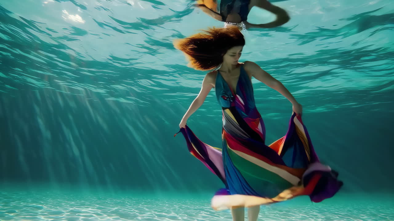 Woman in a Colorful Flowing Dress Underwater
