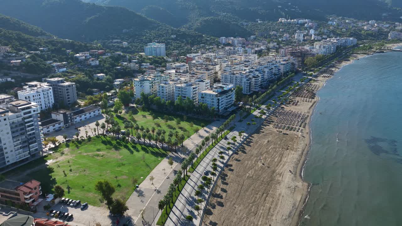 Aerial View Of Paradise Beach Resort Over Coastal City In Vlore, Albania.
