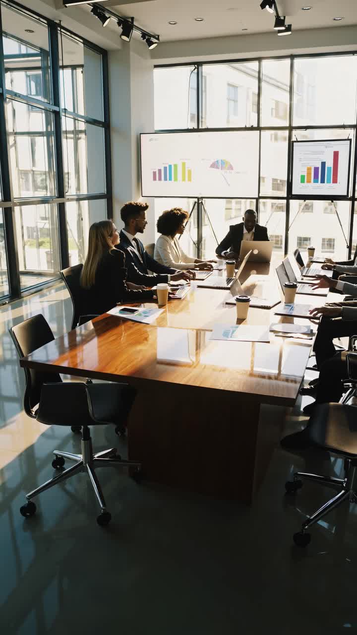 Inquadratura dall'alto di una moderna riunione d'ufficio con diversi professionisti che discutono di grafici di dati