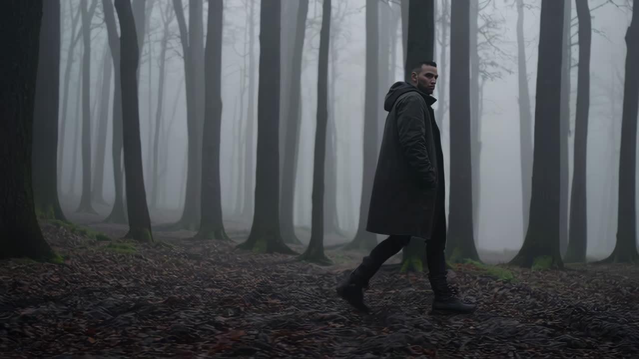 hombre caminando en un bosque de niebla