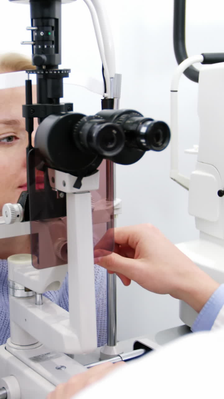 Optometrist examining female patient on slit lamp
