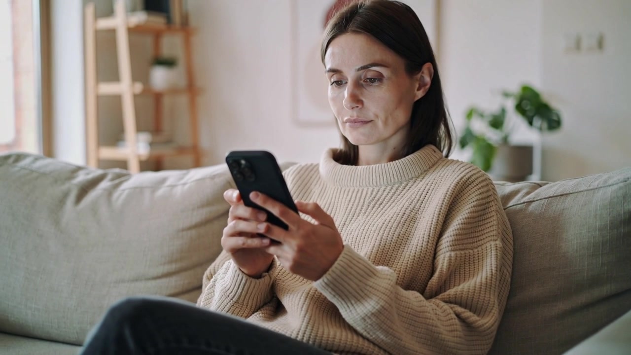 Mujer con suéter beige tocando la pantalla, mirando y desplazándose por un smartphone negro en el sofá de la sala de estar.